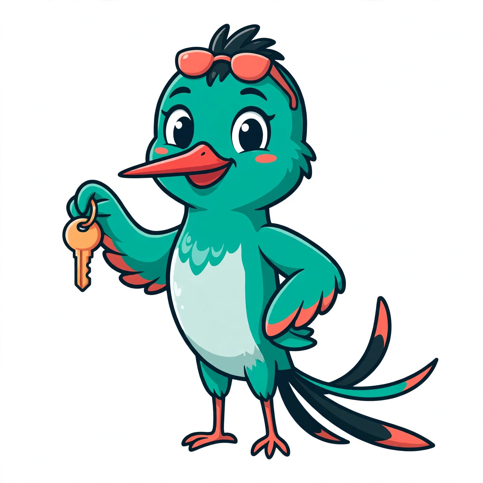 Zippy, the teal hummingbird mascot, wearing coral sunglasses and holding a house key